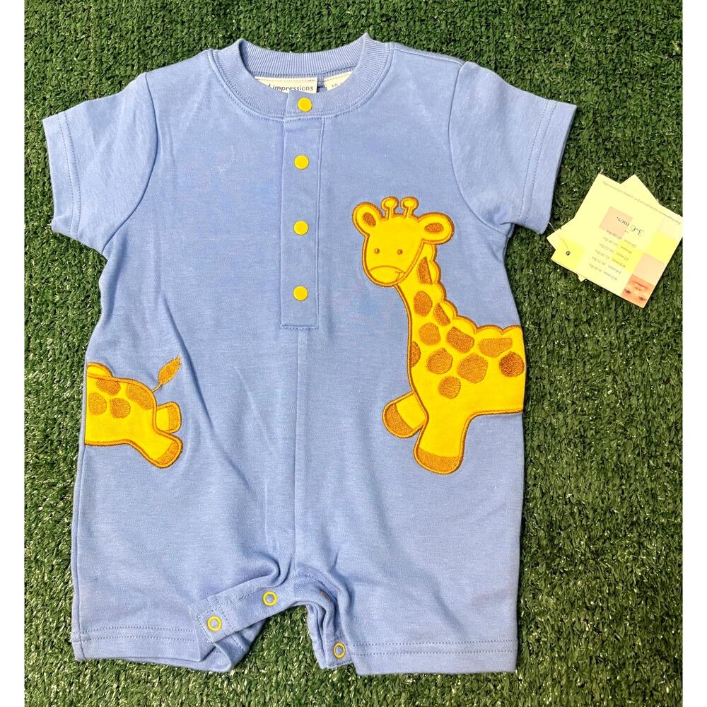 Vintage Y2K First Impressions Romper Size 3-6 Months Light Blue Giraffe Print